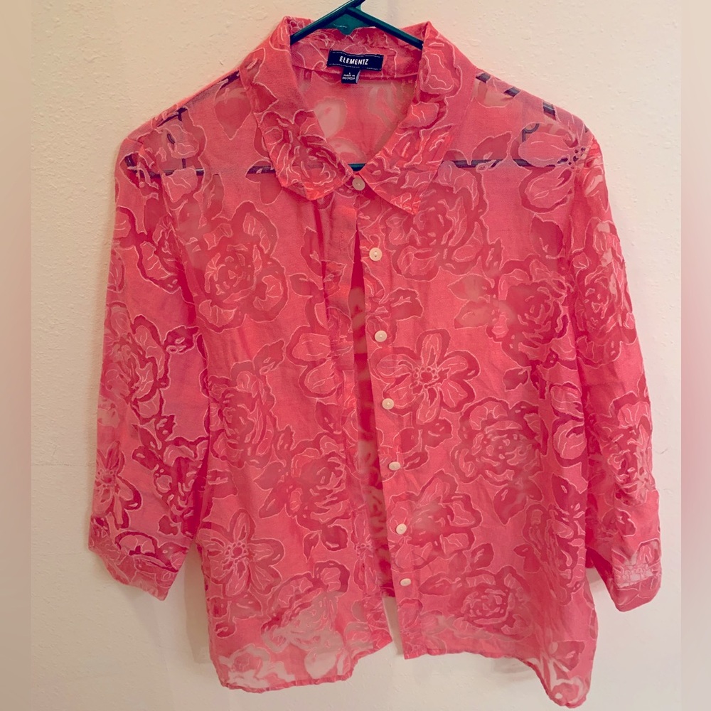 (L) Elementz Pink/Fuchsia Floral Mesh Button Down Shirt Coverup